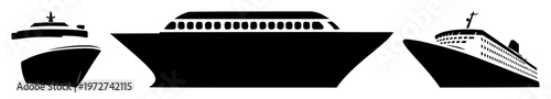 Cruise ship icons set with solid black silhouette against white background featuring cruise ship, nautical, sea with transport and travel