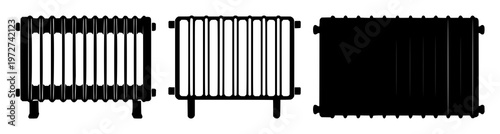 Radiator icon set with solid black silhouette on white background featuring heating, appliance, icon, thermostat with heat and energy