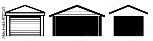 Garage door icon set with solid black color featuring entrance, opening, gate with household and residential