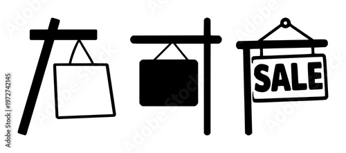 For Sale Sign icon set with simple black silhouette design featuring a realtor sign, real estate, property with a house and advertising graphics