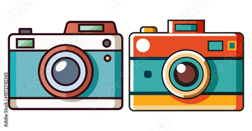 Two retro analog film cameras with colorful designs for photography