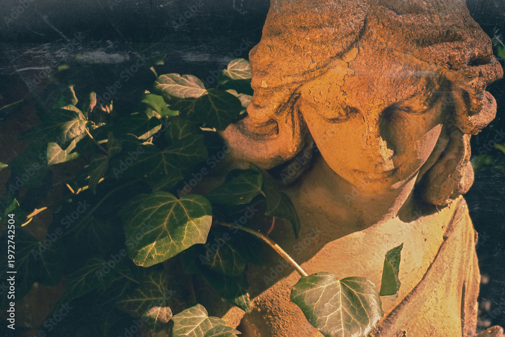 Fototapeta premium Guardian angel in garden, symbolizing protection, comfort, and peaceful spiritual support.