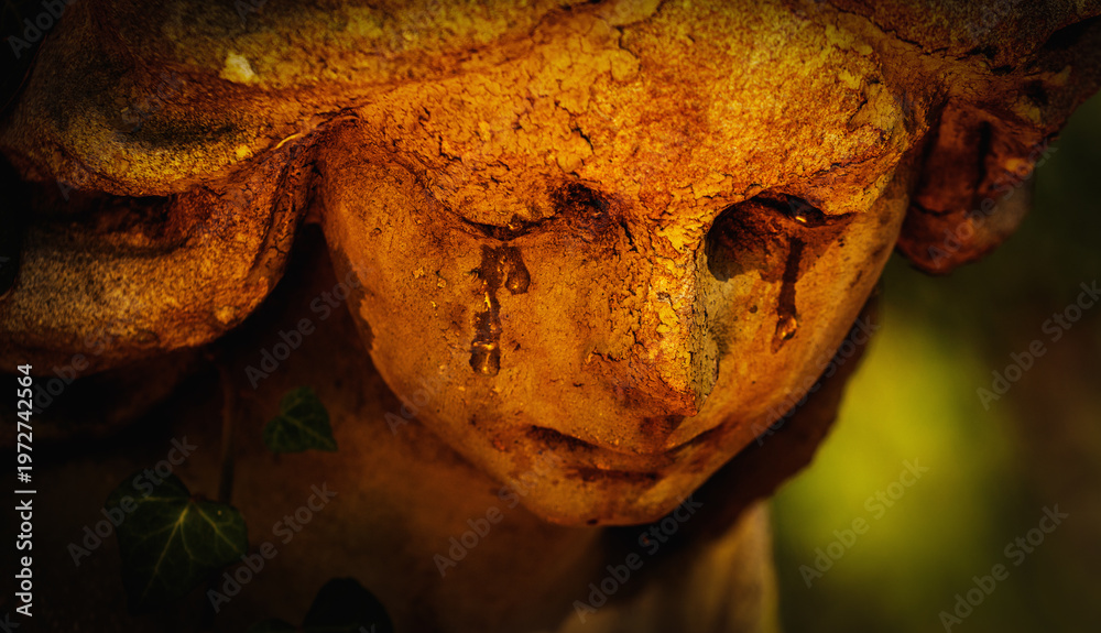 Fototapeta premium Stone angel crying, symbolizing grief, vulnerability, and the idea that even protectors experience pain.