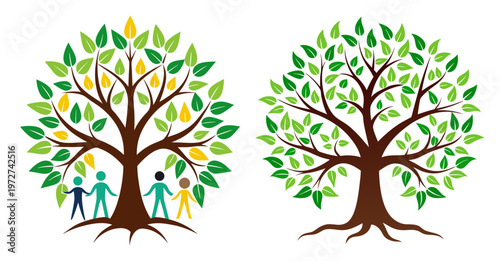 Stylized family tree with roots and figures representing generations