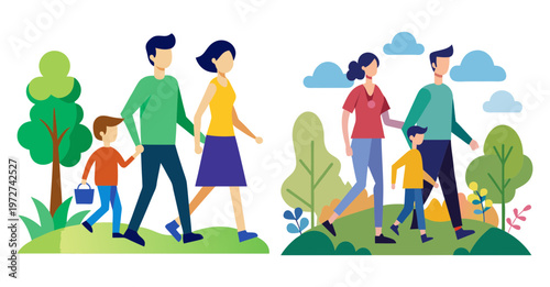 Happy family walking together enjoying a day outdoors