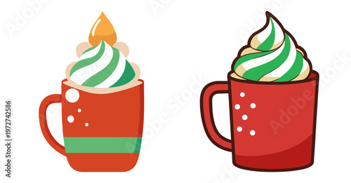 Festive red mugs with whipped cream and swirls holiday drinks