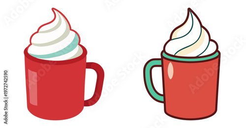 Festive red mugs filled with creamy whipped topping delicious
