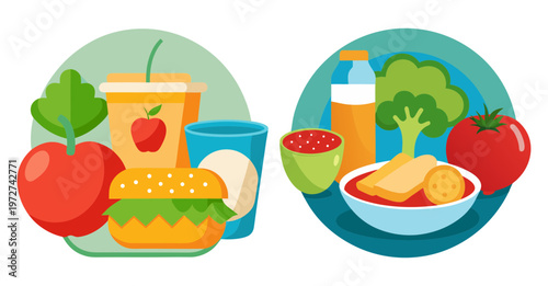 Healthy meal choices represented with simple colorful graphics