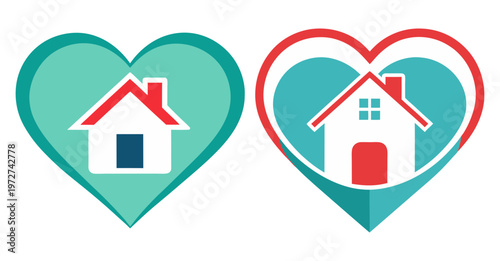 Heart and house icons representing home love and care