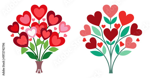 Two heart bouquets simple cartoon style art love symbols romance decorations