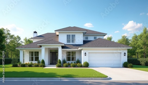 Modern two-story suburban house, white and gray, representing real estate and family living