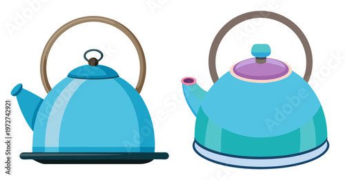 Two adorable blue tea kettles ready for brewing