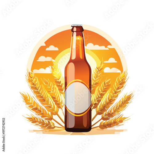 Beer bottle with wheat and sunset illustration for advertising