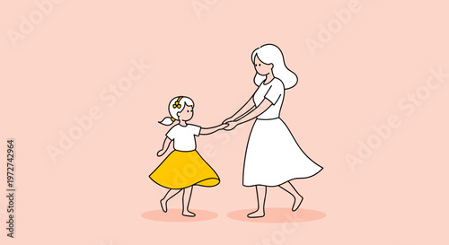 Minimalist illustration of a mother and child holding hands with warm reflection