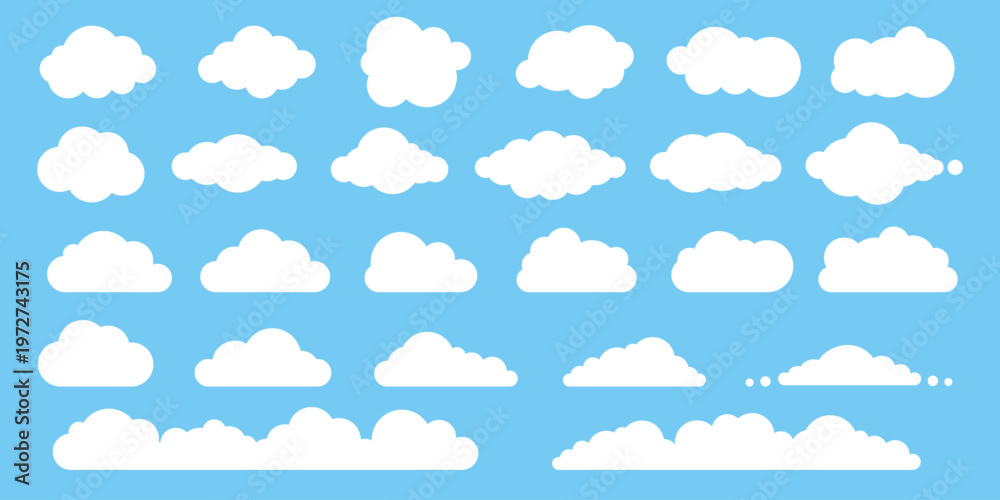Fototapeta premium Flat cartoon white clouds set isolated on a blue background for nature sky designs.
