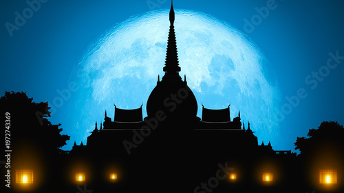 Moonlit Buddhist Temple Landscape with Lantern Light and Peaceful Sacred Sky