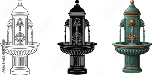 Set of classic ornate drinking fountains depicted in outline silhouette and colored vector styles perfect for historical or urban design pro