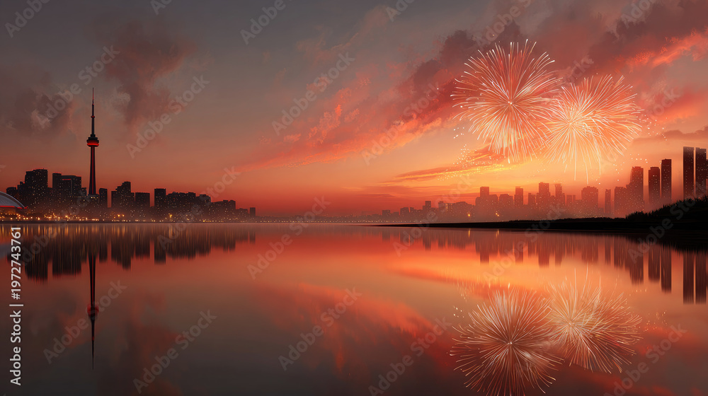 Fototapeta premium Canada Day Toronto skyline with CN Tower celebrating Canada Day, vibrant fireworks exploding over downtown city lights, reflecting in calm lake waters at sunset