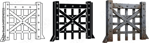 Heavy iron gate set with outline silhouette and detailed realistic styles perfect for game assets historical projects or security graphics