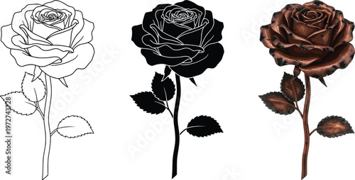 Vector illustration set of a rose flower in outline silhouette and realistic styles perfect for graphic design love and nature concepts