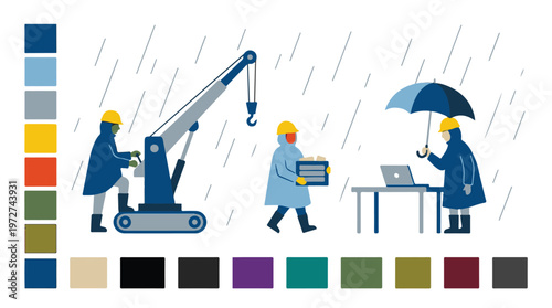 Quadro em tela Industrial workers with crane, box, and laptop in challenging rain conditions