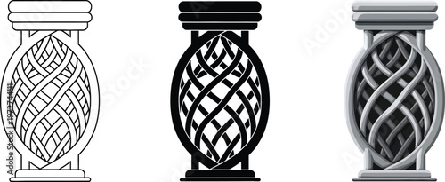 Set of decorative architectural balusters with intricate Celtic knot patterns presented in outline silhouette and shaded vector styles ideal