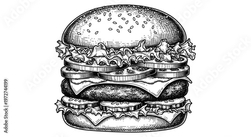 Illustrated depiction of a classic hamburger with layers of fresh ingredients