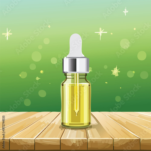 Essential oil bottle on wooden table against green background