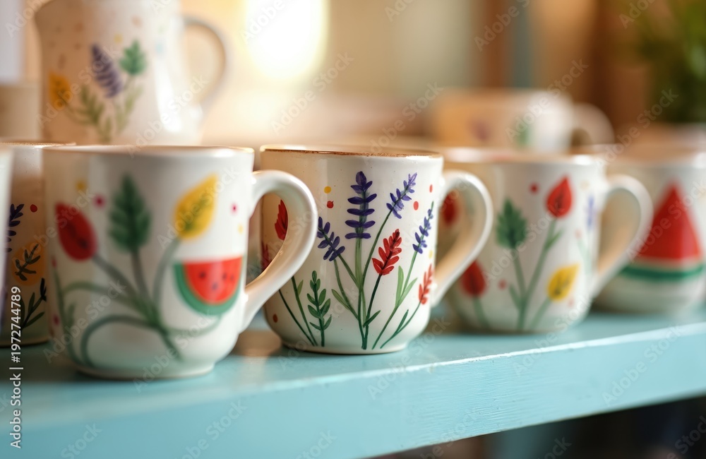 Fototapeta premium Collection of handmade ceramic mugs display colorful floral and fruit patterns. Unique pottery cups sit on light blue shelf, suitable for gifts or kitchen decor.