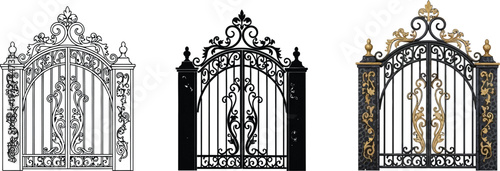 Ornate wrought iron gates a classic vector illustration set featuring elegant decorative elements for luxury property entrances and architec