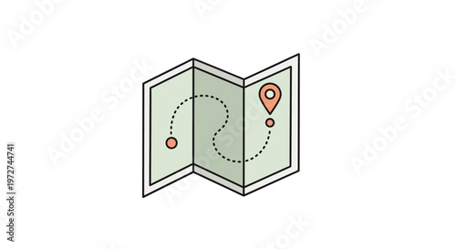 Simple illustration of a folded map showing a dotted travel route with start and destination pins.