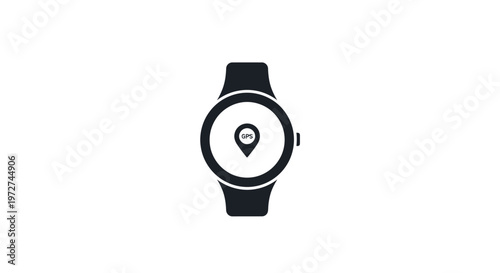 Black and white icon of a smartwatch displaying a GPS location pin on its screen, symbolizing navigation and tracking.