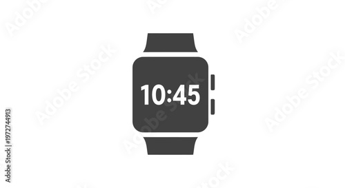 Simple dark grey icon of a smartwatch displaying the time 10:45 on its digital screen, isolated on a clean white background.