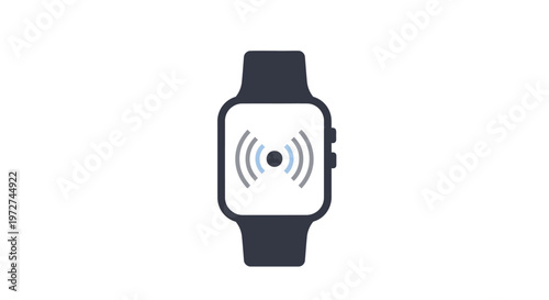A minimalist illustration of a dark smartwatch displaying a wireless signal icon on its white screen, indicating connectivity or smart features.