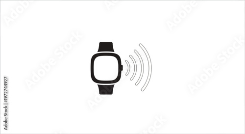 Black and white icon of a smartwatch emitting wireless signals, representing connectivity or smart device communication.