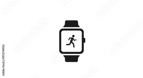 Black and white icon of a smartwatch displaying a running person, symbolizing fitness tracking and wearable technology.
