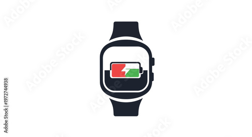 Smartwatch displaying a battery charging icon with a lightning bolt and red-green indicator on its screen, symbolizing power status.