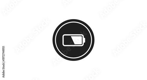 A black circular icon with a white outline containing a partially filled battery symbol, indicating a low power level or half charge.