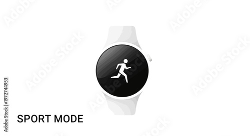 A white smartwatch displaying a running person icon on its black screen, indicating sport mode functionality.