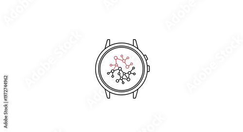 Minimalist line art of a smartwatch displaying abstract interconnected data networks on its screen, symbolizing technology and connectivity.