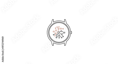 Line art illustration of a smartwatch face with an intricate, snowflake-like or neural network pattern inside, featuring red and black connections on a white background.
