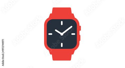 A minimalist flat design illustration of a red smartwatch with a dark grey face and white hands, set against a clean white background.