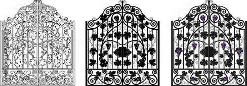 Ornate wrought iron gate with intricate scrollwork and grapevines a classic vector illustration for elegant architectural design and propert