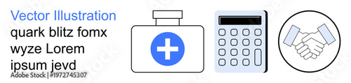 Business, finance, healthcare, teamwork, collaboration, partnerships. A first aid kit with cross symbol, calculator handshake icon indicating deal. Healthcare and collaboration concepts