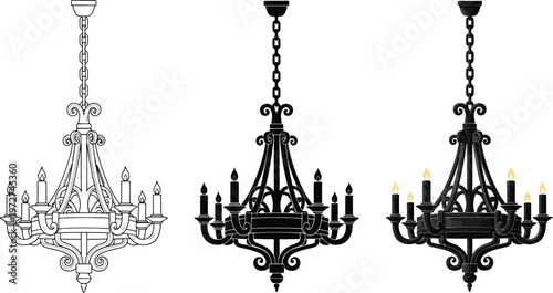 Set of three vintage chandeliers featuring outline silhouette and glowing candle designs ideal for classic interior decor or gothic themes