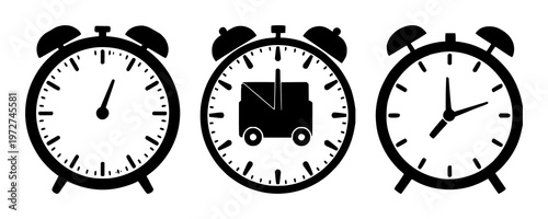 Delivery clock set with solid black icon featuring same day, fast, rapid with delivery and time