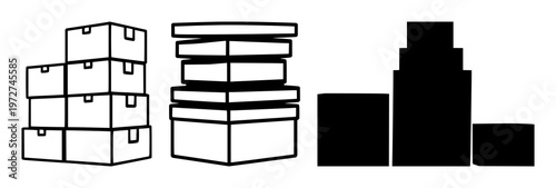 Shipping boxes set with solid black icons featuring cardboard, packaging, delivery with storage and cargo