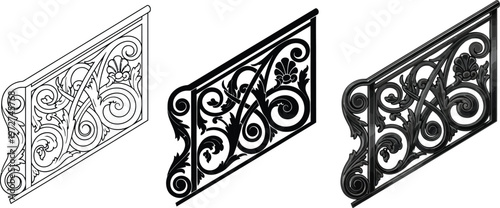 Ornate cast iron railing section with intricate scrollwork and floral motifs presented in various vector styles for architectural design