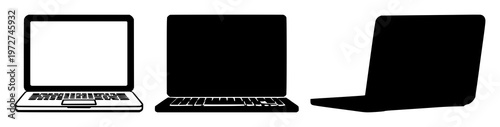 Remote work laptop set with solid black icon and white background featuring laptop, wireless, productivity with iconography and graphic