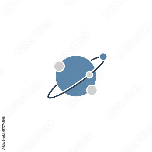 Blue planet with orbiting moons graphic.
